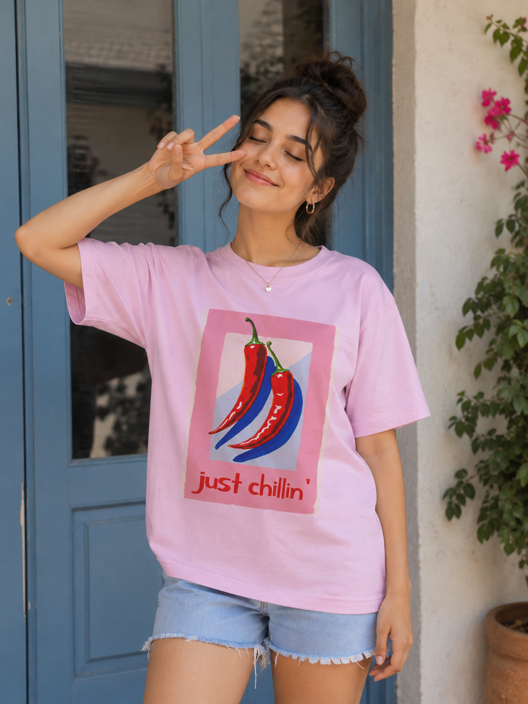 Just Chillin' Oversized Pink Graphic T-Shirt for Women | Cute Aesthetic Cotton Casual Tee