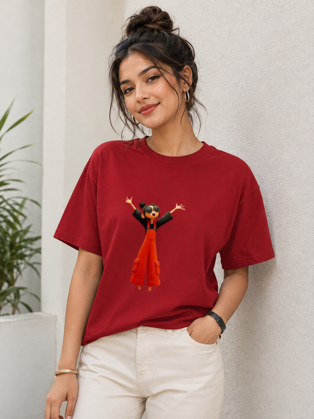 Cute Cartoon Graphic Oversized T-Shirt for Women | Soft Cotton Casual Streetwear Tee | Trendy Red Round Neck Half Sleeve T-Shirt