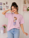 Cute Couple Graphic Oversized T-Shirt for Women | Soft Cotton Round Neck Casual Half Sleeve Pink Tee | Trendy Aesthetic Streetwear