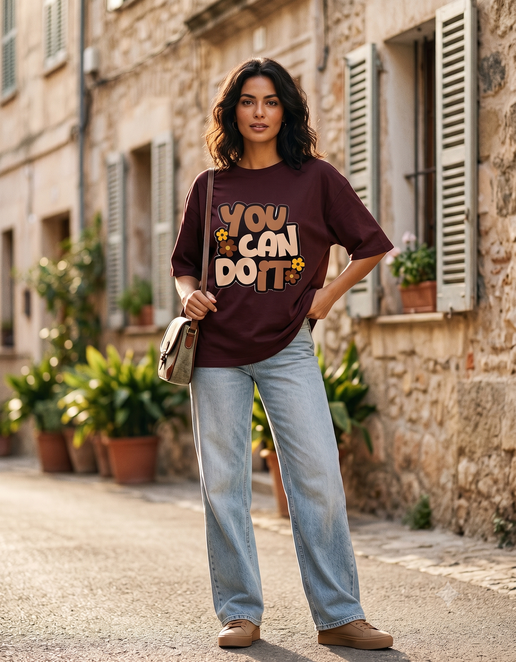 You Can Do It Retro Graphic T-Shirt | Brown Oversized Motivational Tee