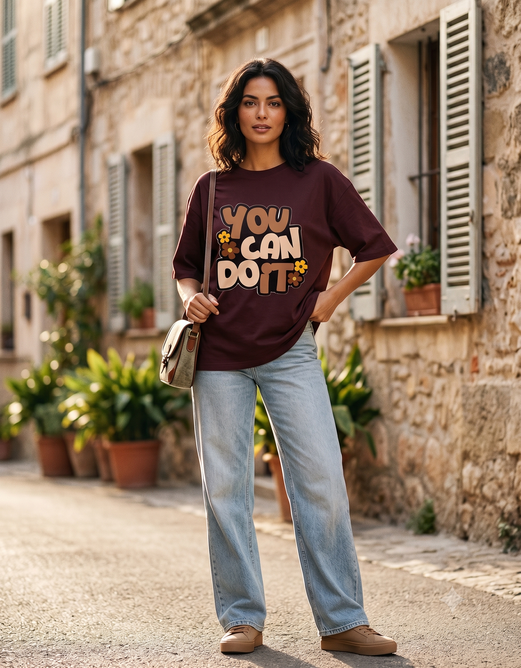 You Can Do It Retro Graphic T-Shirt | Brown Oversized Motivational Tee